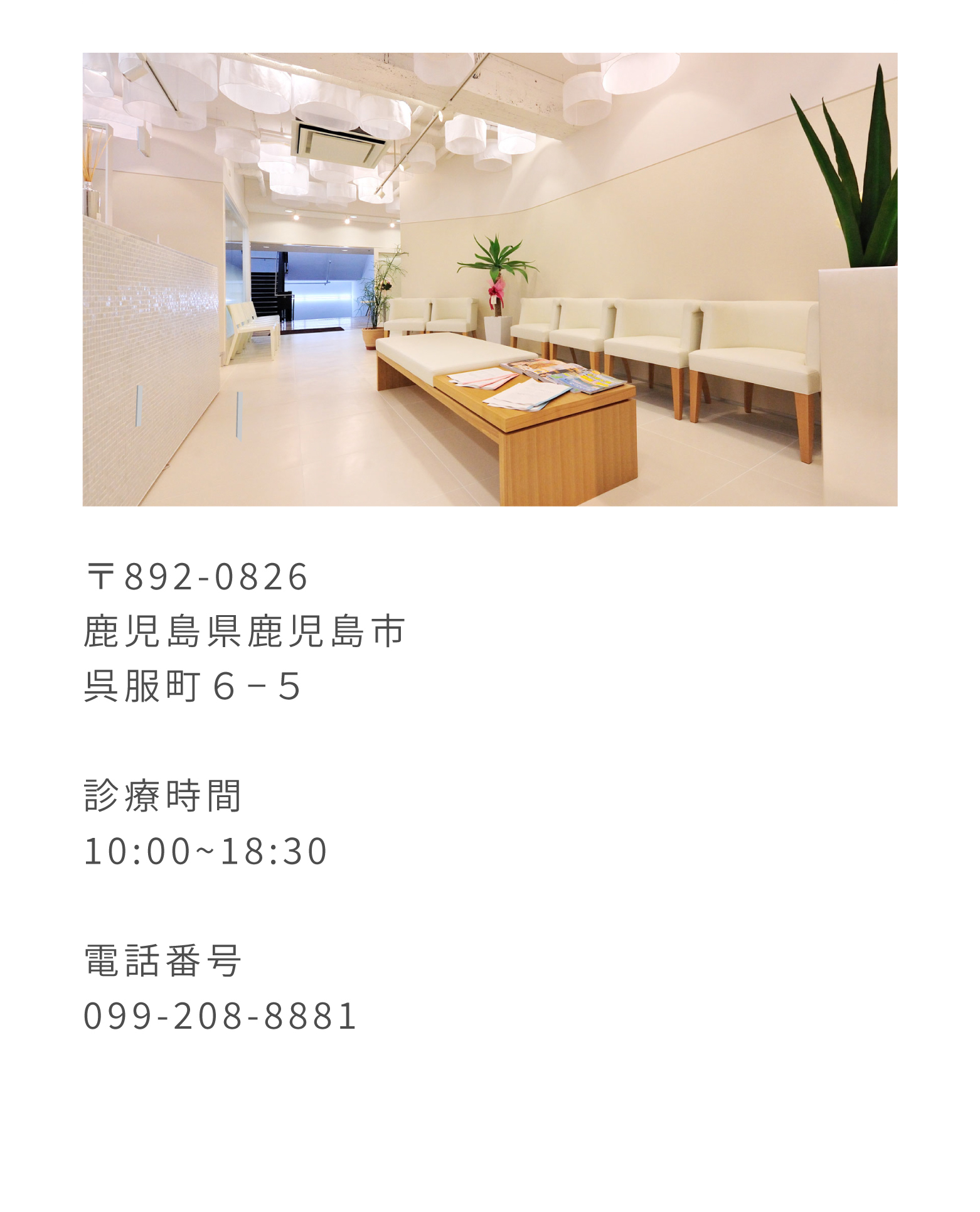 〒892-0826 鹿児島県鹿児島市呉服町6-5 診療時間 10:00～18:30 電話番号 099-208-8881